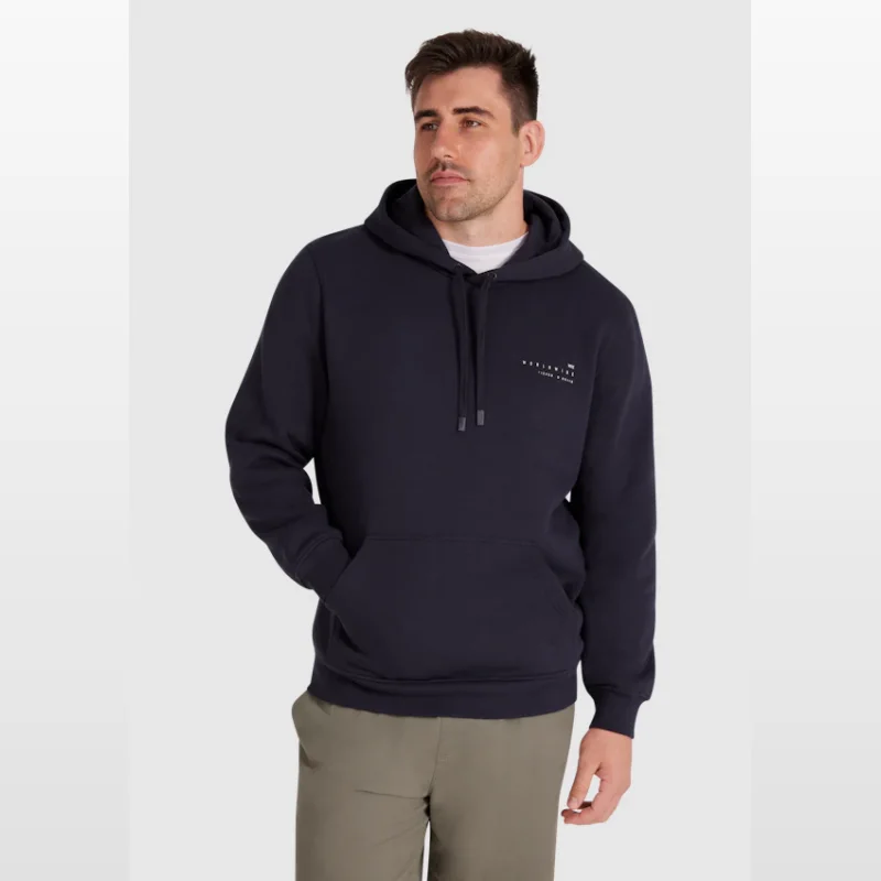 Man wearing a navy blue Johnny Bigg hoodie with a small white graphic print on the chest and a kangaroo pouch pocket.