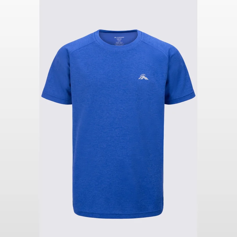 A royal blue Macpac short sleeve t-shirt for kids, featuring a small silver mountain logo on the left chest.