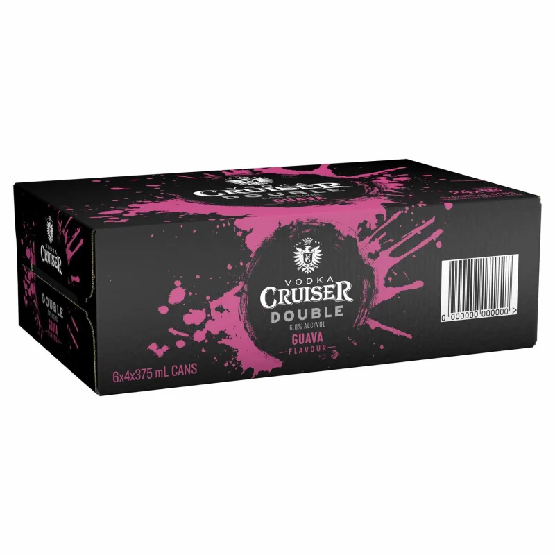 A 24-pack carton of Vodka Cruiser Double Black Guava, featuring a black background with pink splatter graphics and the Vodka Cruiser logo.
