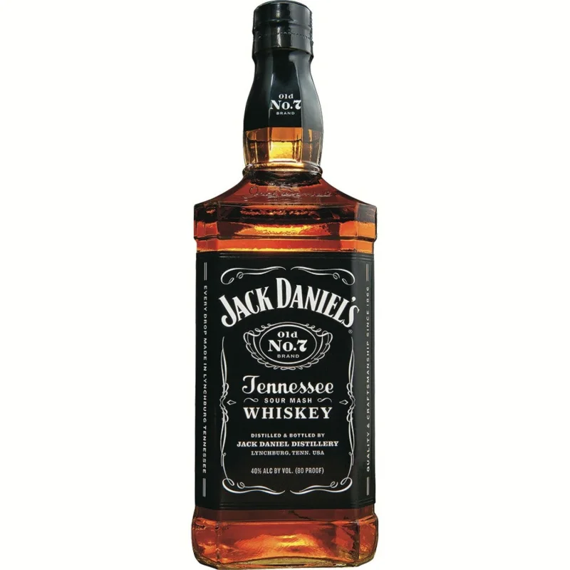 A clear image of a bottle of Jack Daniel's Old No. 7 Tennessee Whiskey, showing the iconic black label with white lettering and the amber liquid inside.