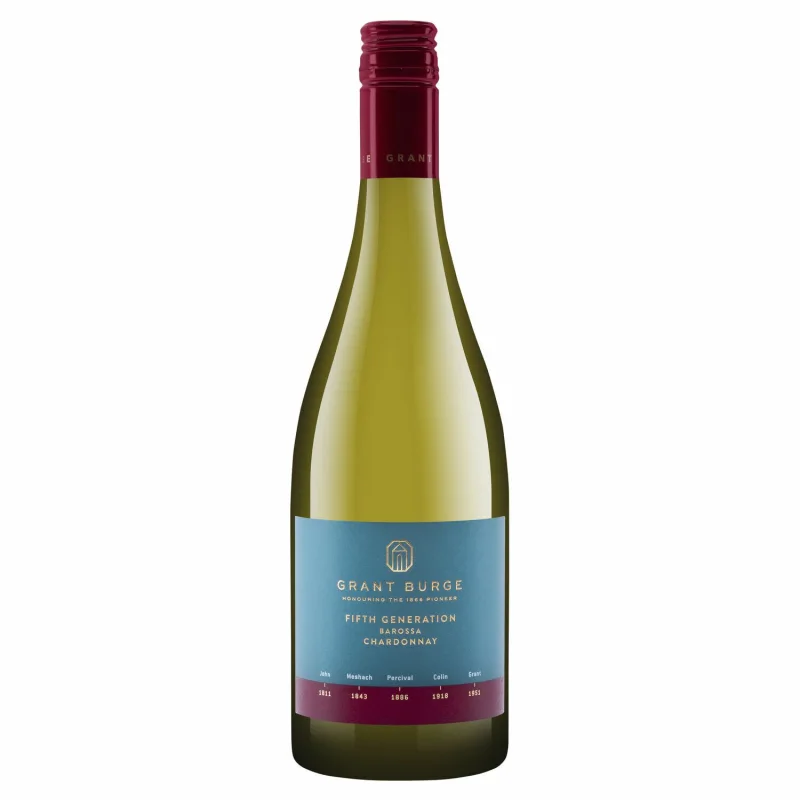 A bottle of Grant Burge 5th Generation Barossa Chardonnay, featuring a pale yellow liquid, a light green bottle, and a blue label with gold text and a red screw cap.