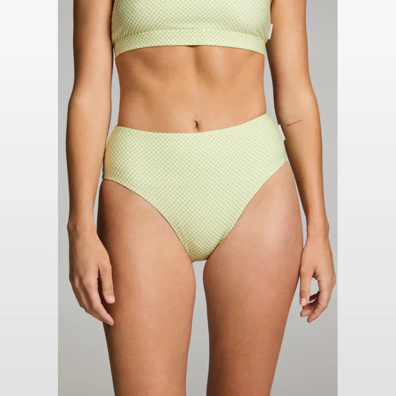 Close-up of a woman wearing light green and white gingham mid-rise swim briefs.