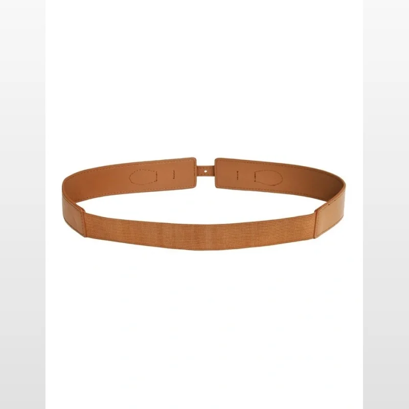 A brown genuine leather waist belt with an elasticated back panel and a gold-tone buckle, shown against a white background.