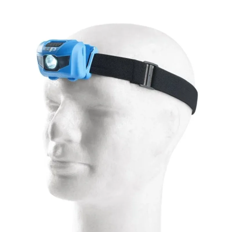 Blue LED head torch with a black adjustable strap worn on a white mannequin head.
