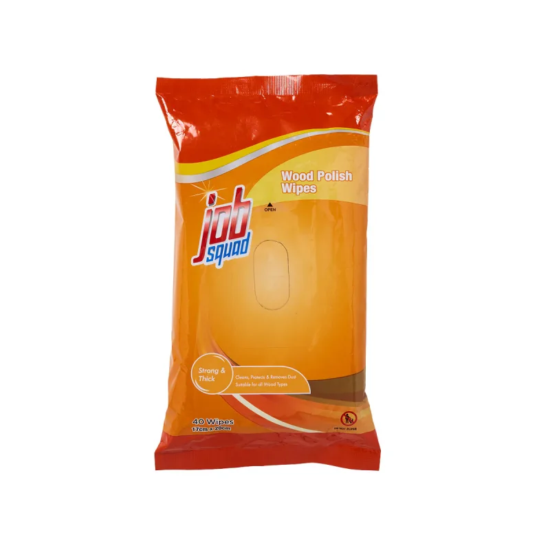 A pack of Job Squad Wood Polish Wipes, featuring orange and yellow packaging with the brand logo and product details.