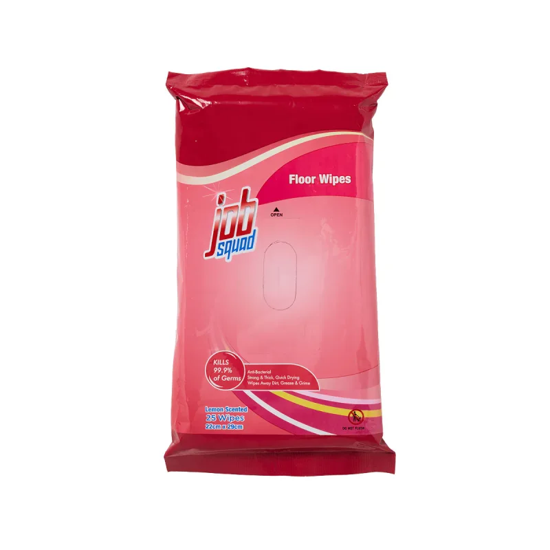 A pack of Job Squad Floor Wipes, 25 count, lemon scented, in pink packaging with the Job Squad logo.