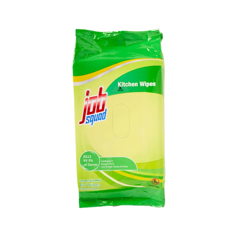 A green and yellow packet of Job Squad Kitchen Wipes, labelled 'Lemon Scented' and '60 Wipes'.