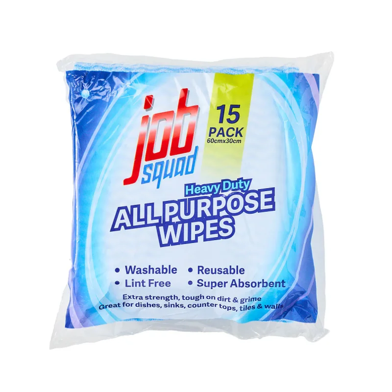 A package of Job Squad Heavy Duty All Purpose Wipes, showing a 15 pack with the brand logo and product details.
