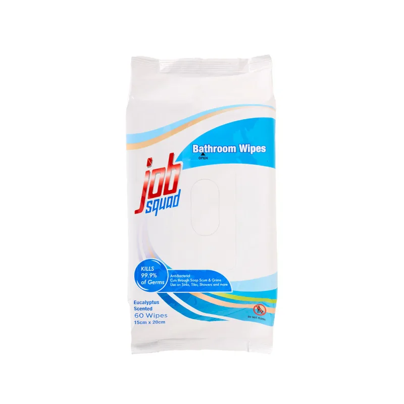 A pack of Job Squad Bathroom Wipes, featuring a white background with blue and orange wave graphics. Text indicates 'Bathroom Wipes', 'Kills 99.9% of Germs', 'Anti-Bacterial', 'Eucalyptus Scented', and '60 Wipes'.