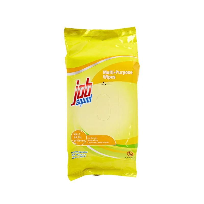 A yellow packet of Job Squad Multi-purpose Wipes, featuring the brand logo, text indicating 'Multi-Purpose Wipes', 'Kills 99.9% of Germs', 'Lemon Scented', and '85 Wipes'.
