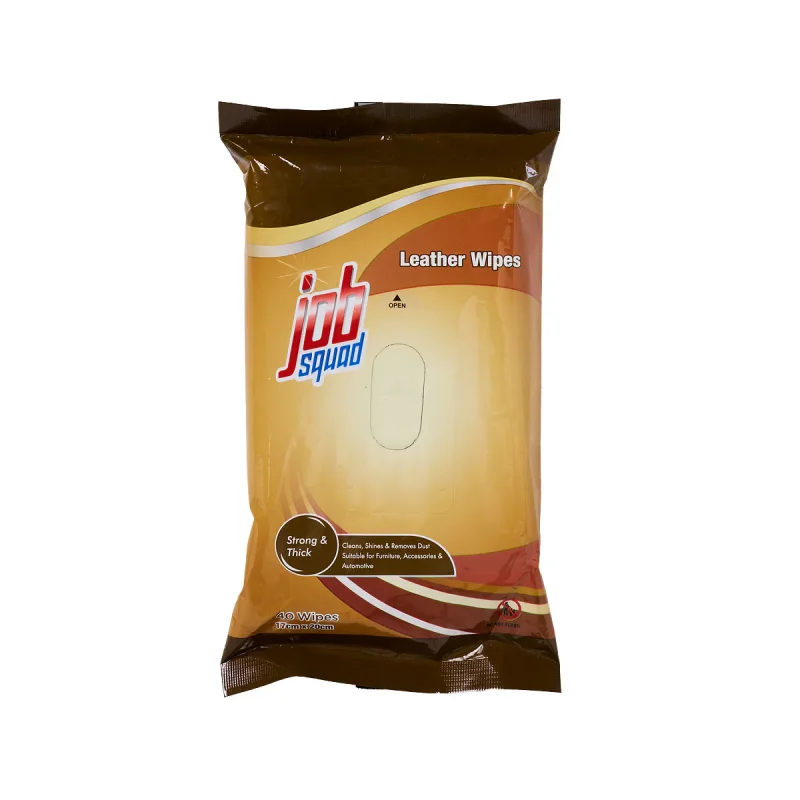 A pack of Job Squad Leather Wipes, featuring a brown and gold design with the brand logo and text indicating 'Leather Wipes', 'Strong & Thick', and '40 Wipes'.
