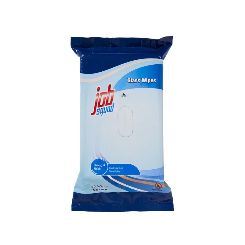 A pack of Job Squad Glass Wipes, featuring the brand logo and text indicating 'Glass Wipes', 'Strong & Thick', 'Streak Free Shine', and 'Quick Drying'. The pack contains 50 wipes measuring 17cm x 20cm.