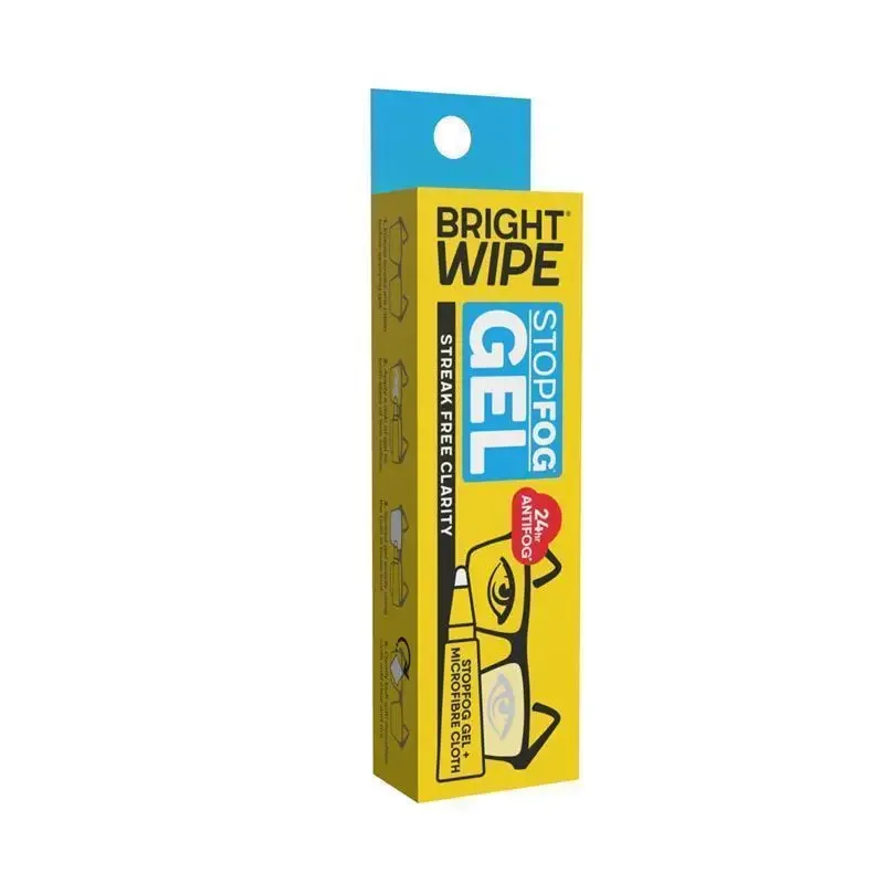A yellow box for BrightWipe StopFog Gel, featuring text 'Streak Free Clarity' and '24hr Antifog', with an illustration of glasses and an eye.