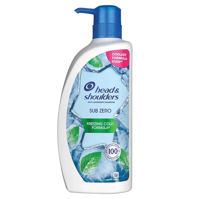 Bottle of Head & Shoulders Sub Zero Anti-Dandruff Shampoo with a blue pump dispenser, featuring ice and mint leaf graphics on the label.