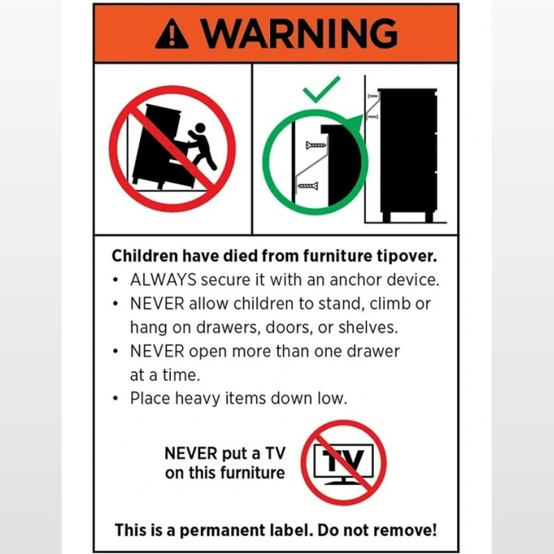 Warning label for furniture tip-over prevention, showing a cabinet falling with a child, and instructions to secure furniture with an anchor device.