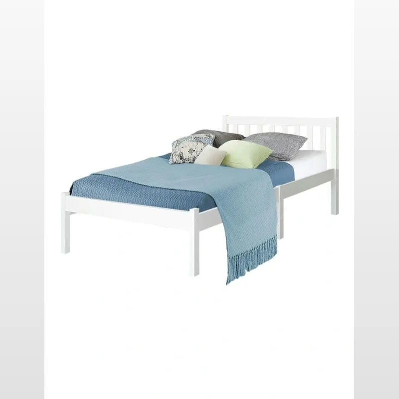 A white wooden single bed frame with a slatted headboard, made of pine wood, shown with bedding.