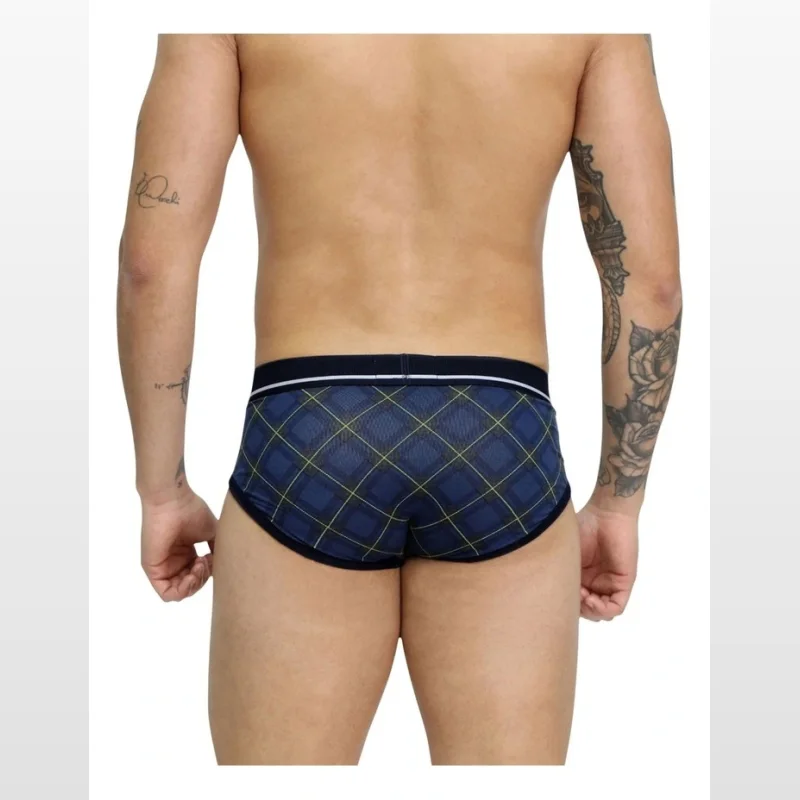 Close-up rear view of a man wearing navy tartan bamboo briefs with a dark waistband.