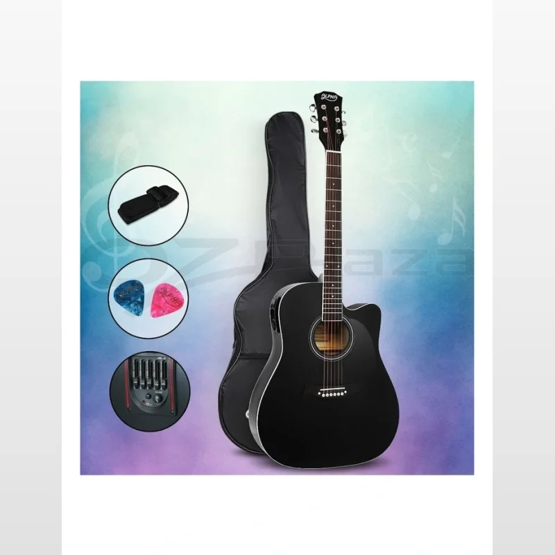 A black 41-inch acoustic electric guitar with a cutaway, standing next to its black carry bag. Inset images show a guitar strap, two guitar picks, and the guitar's 5-band EQ control panel.