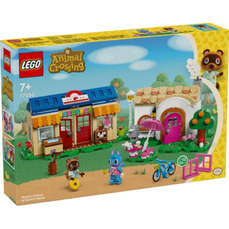 LEGO Animal Crossing Nook's Cranny & Rosie's House 77050 building set box, featuring Nook's Cranny shop and Rosie's house with Tom Nook and Rosie minifigures.