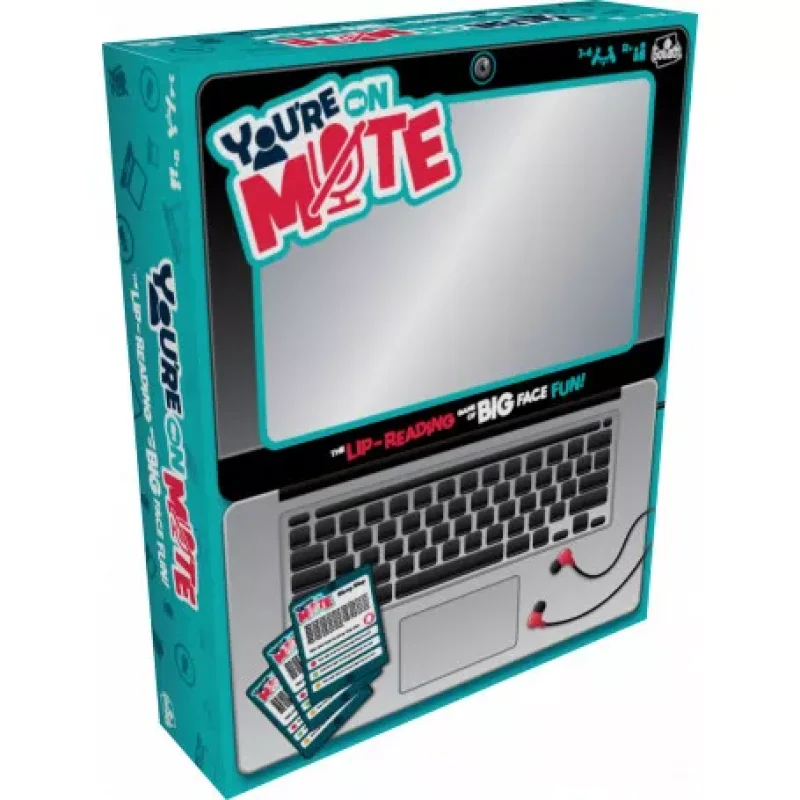 Box for the 'You're On Mute' party game, designed to look like a laptop screen with a webcam and keyboard.