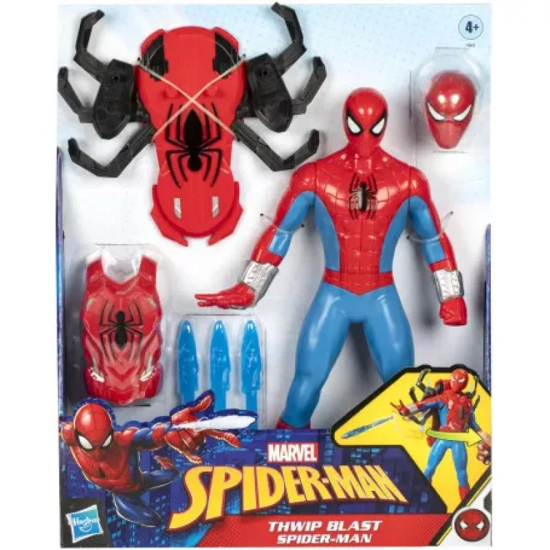 Spider-Man Thwip Blast action figure in its packaging, showing the figure, a helmet, chest armour, a hover sled, and three web projectiles.
