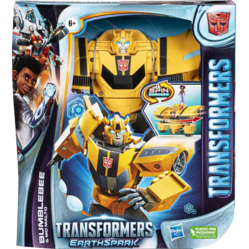 Transformers EarthSpark Spin Changer Bumblebee action figure in its box, showing Bumblebee in robot and car mode, along with Mo Malto.