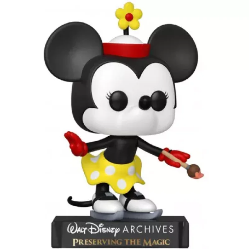 Minnie Mouse on Ice (1935 Archives) Funko Pop! Vinyl figure, wearing a yellow polka dot skirt and ice skates, holding a paintbrush.