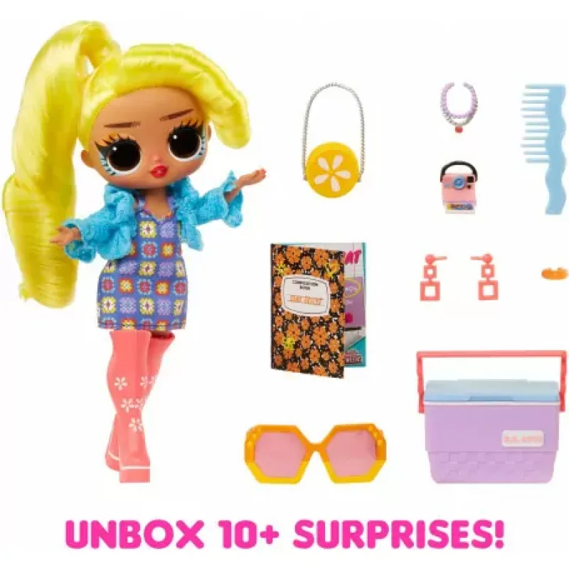 L.O.L. Surprise Tweens Core (S5) Doll named Hana Groove, featuring blonde hair, blue jacket, floral dress, pink boots, and various accessories including a purse, sunglasses, and a cooler.