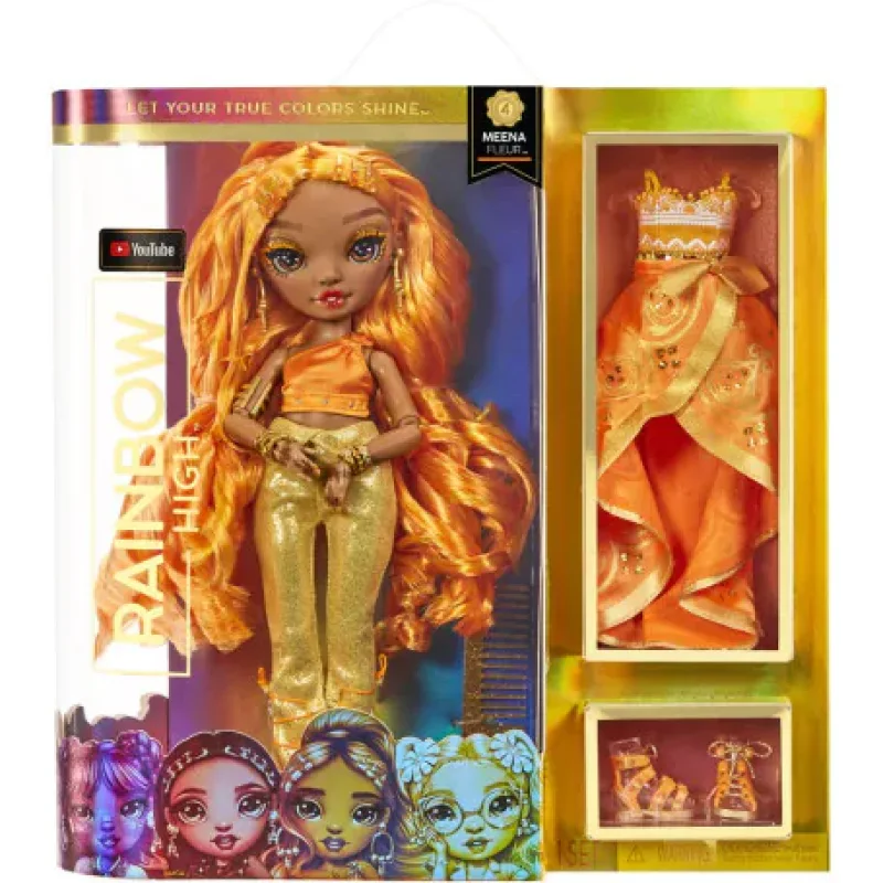 Rainbow High Core Fashion Doll Meena Fleur in saffron gold outfit, with two additional outfits and accessories displayed in the box.