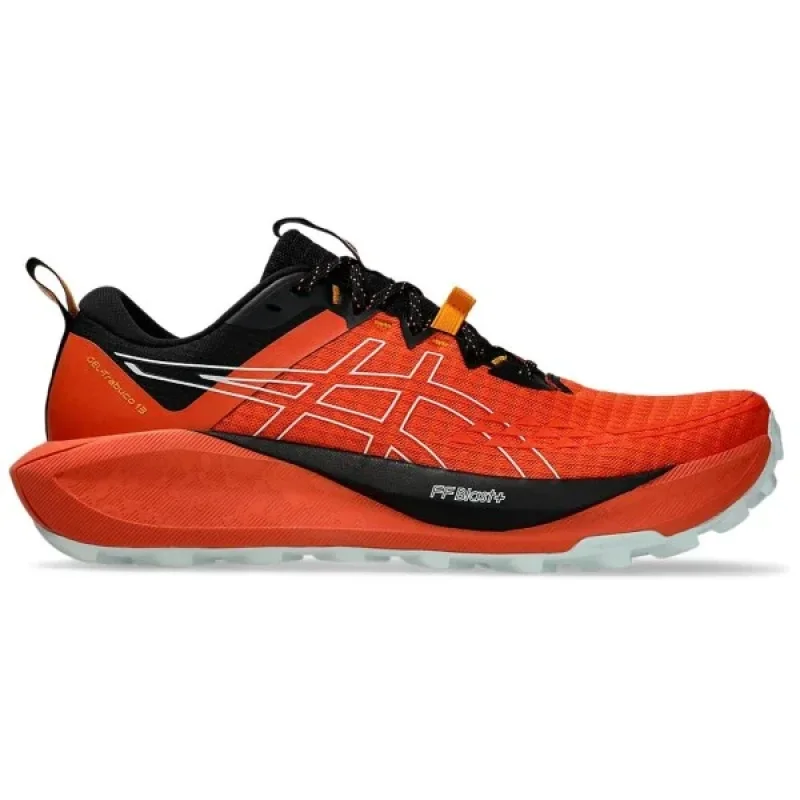 Side view of an Asics Gel Trabuco 13 men's trail running shoe in bright orange with black accents and white Asics branding.