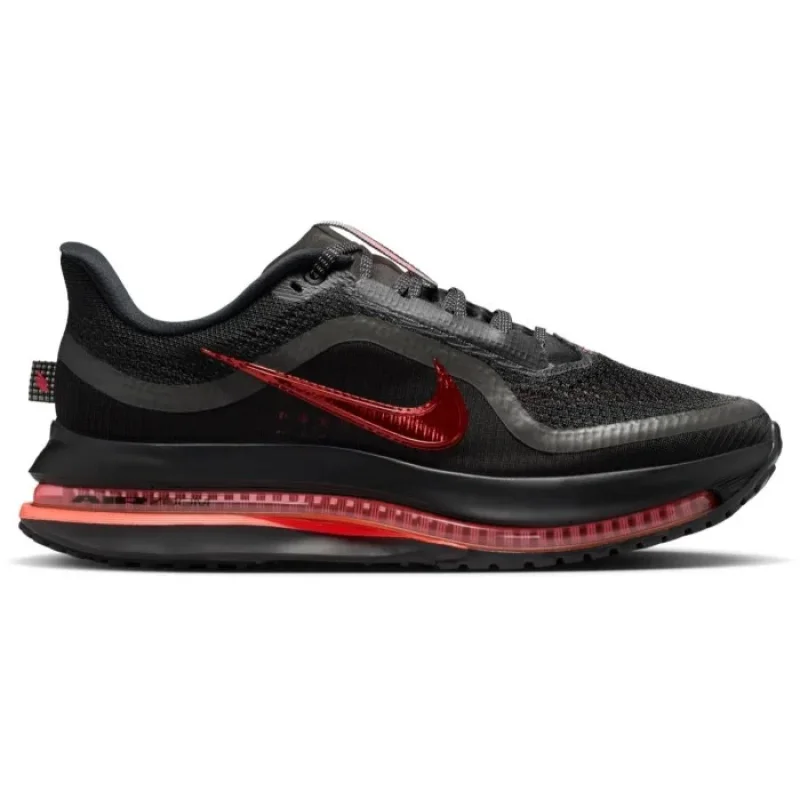 Side view of a black Nike Pegasus Premium women's running shoe with a red Nike swoosh and red accents on the sole.