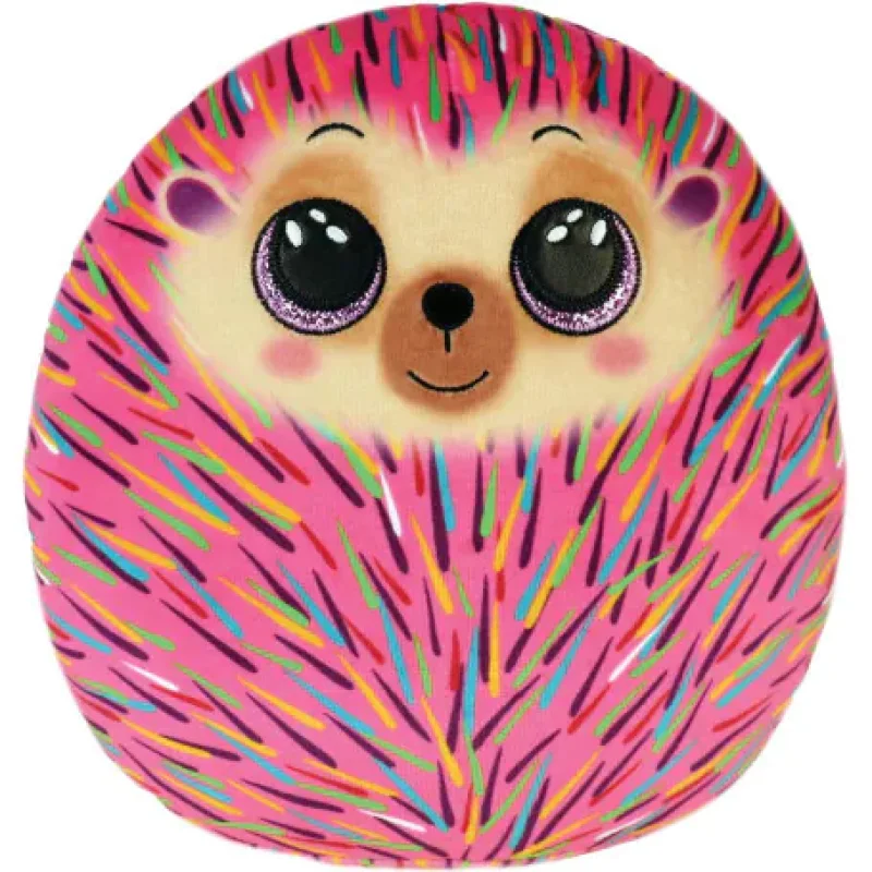 A pink Squish-A-Boo hedgehog plush toy with large, sparkly eyes and colourful quills.