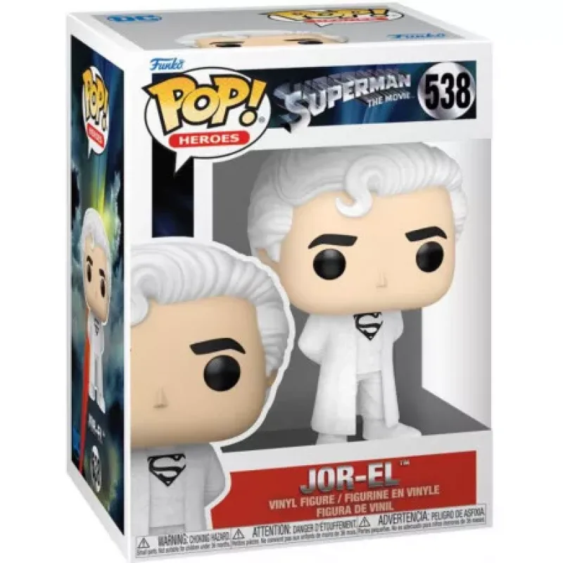 Funko Pop! Heroes Superman The Movie Jor-El vinyl figure, number 538, in its original packaging. The figure depicts Jor-El with white hair and a white suit featuring the Superman 'S' shield.