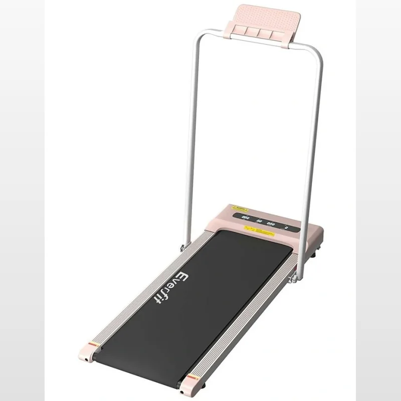 Pink Everfit electric walking pad treadmill with a black running belt and a white frame. The treadmill has a digital display and a phone holder.