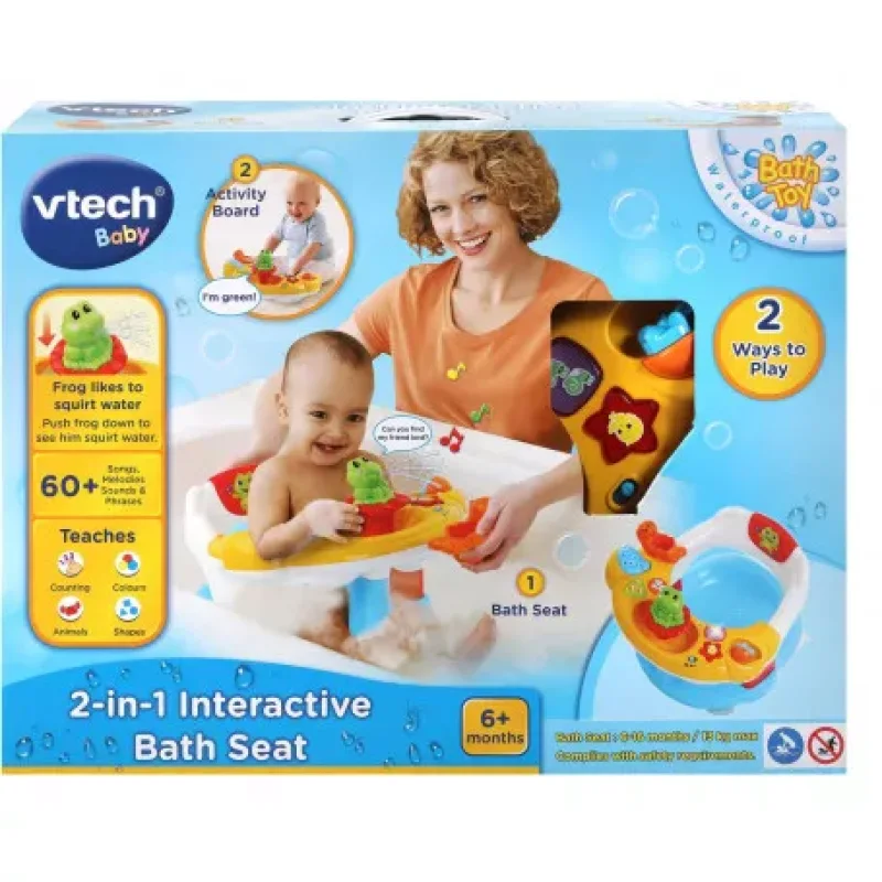 VTech 2-in-1 Interactive Bath Seat packaging showing a baby sitting in a bath seat with a frog toy, and a mother smiling.