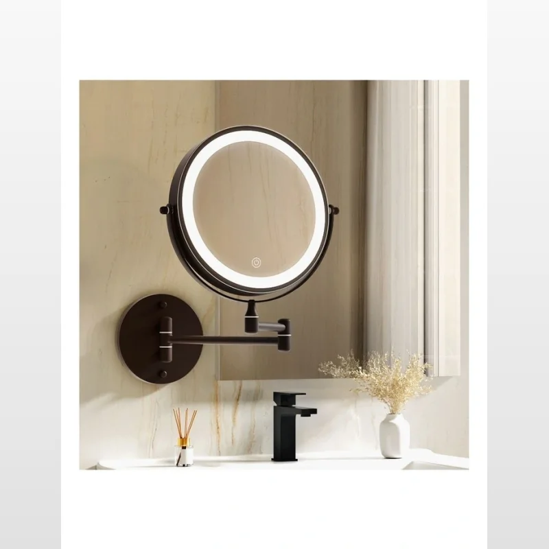 A brown extendable magnifying makeup mirror with a circular LED light, mounted on a wall above a bathroom sink.