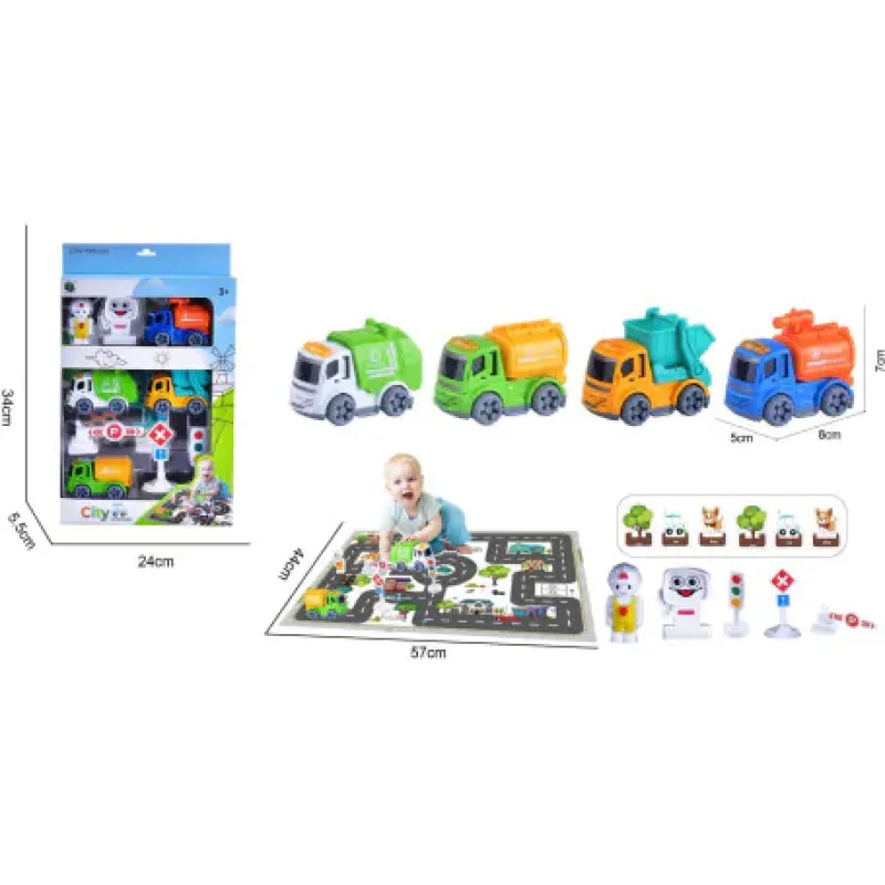 A Mrtoys City Vehicles Play Set featuring toy trucks, a playmat with roads, traffic signs, and small figures, with a baby playing on the mat.