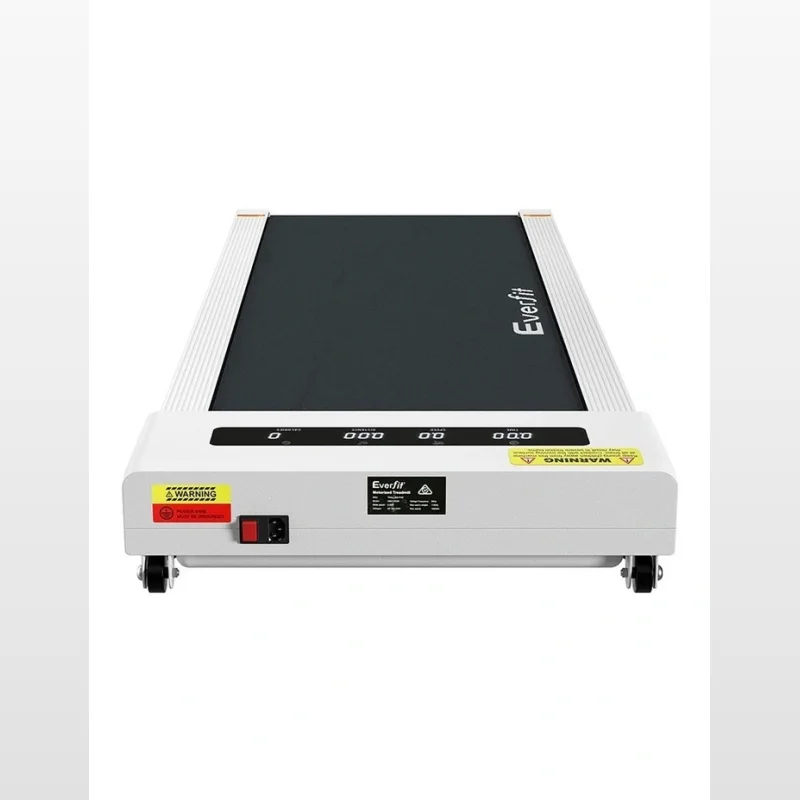 White Everfit electric walking pad treadmill with a black running belt and digital display, shown from the front with wheels.