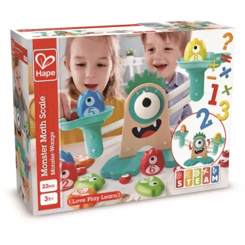 Box of the Hape Monster Math Scale showing children playing with colourful monster-shaped weights and a wooden monster scale.