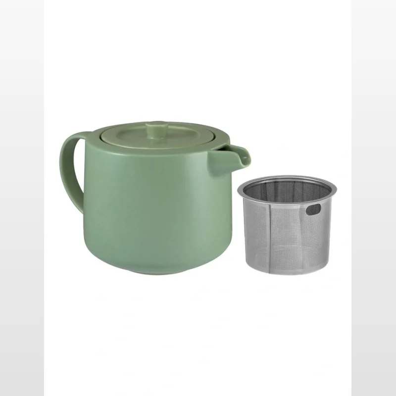 A seafoam green porcelain teapot with a lid and a separate stainless steel infuser, shown against a white background.