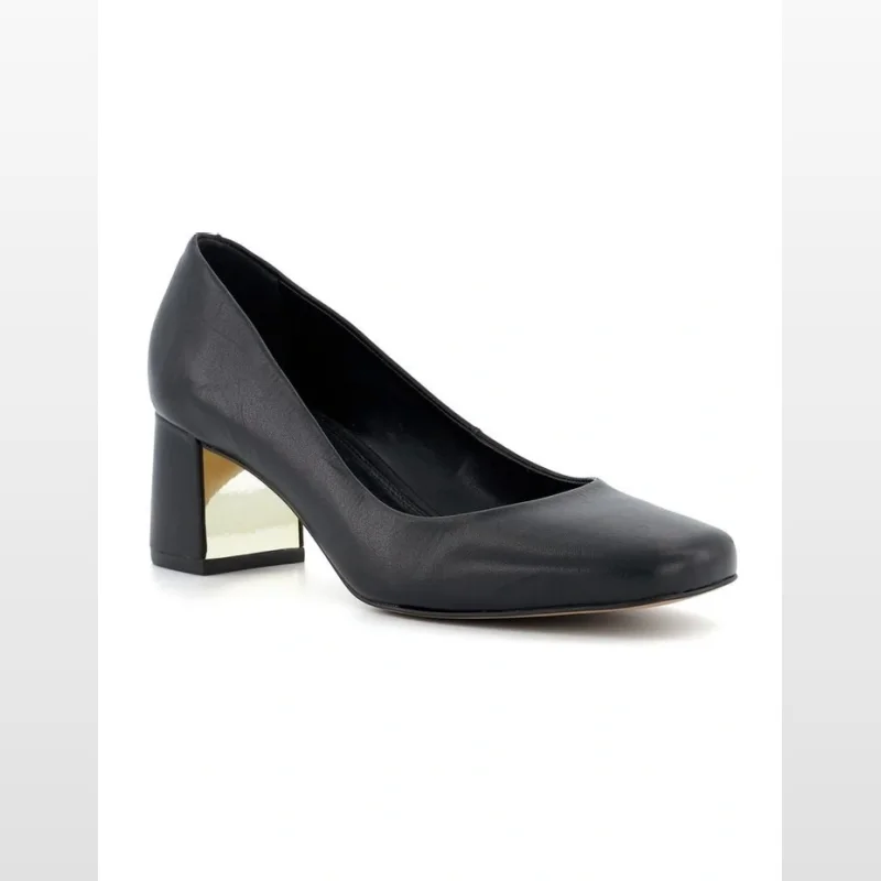 Black leather court shoes with a square toe and a metallic block heel.