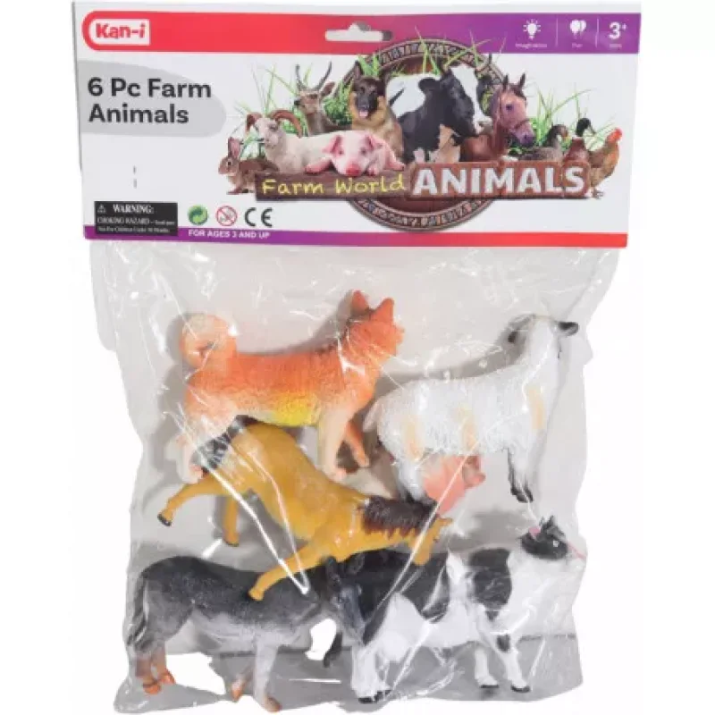 A pack of 6 plastic farm animal toys including a dog, sheep, horse, donkey, and cow.