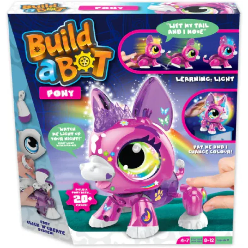 Build A Bot Pony toy box showing a pink and purple robot pony with large eyes, rainbow accents, and interactive features like lights and colour changes. The box also highlights STEM learning and a click 'n' create system.