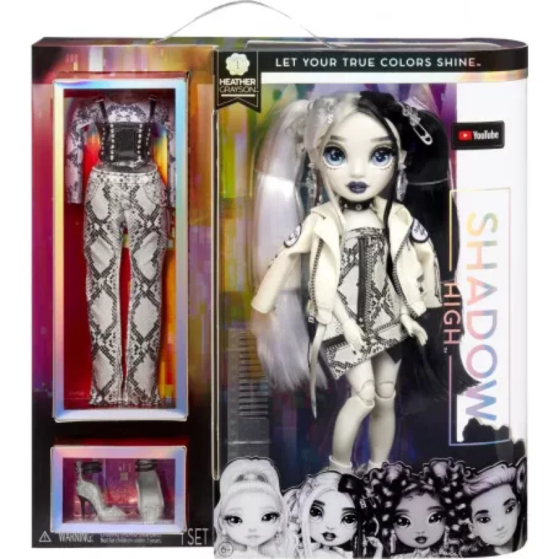 Rainbow High Shadow High Heather Grayson fashion doll in packaging, featuring a black and white snakeskin outfit and accessories.