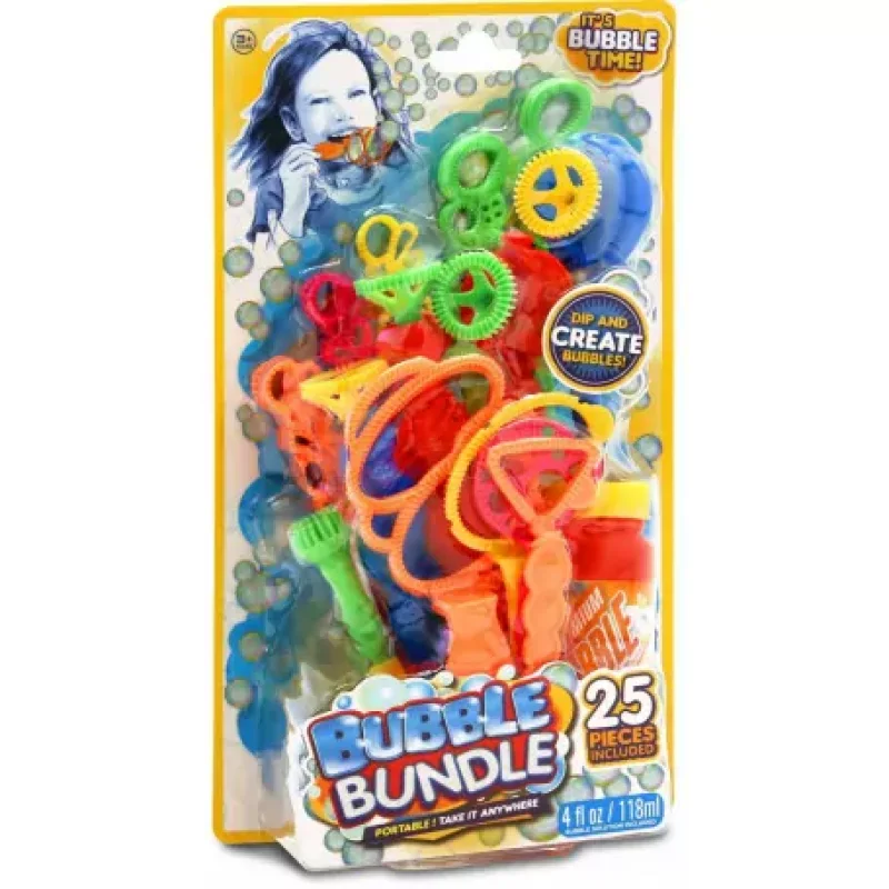 A blister pack containing a Mrtoys Bubble Bundle, featuring a variety of colourful bubble wands, blowers, dip trays, and a bottle of bubble solution.