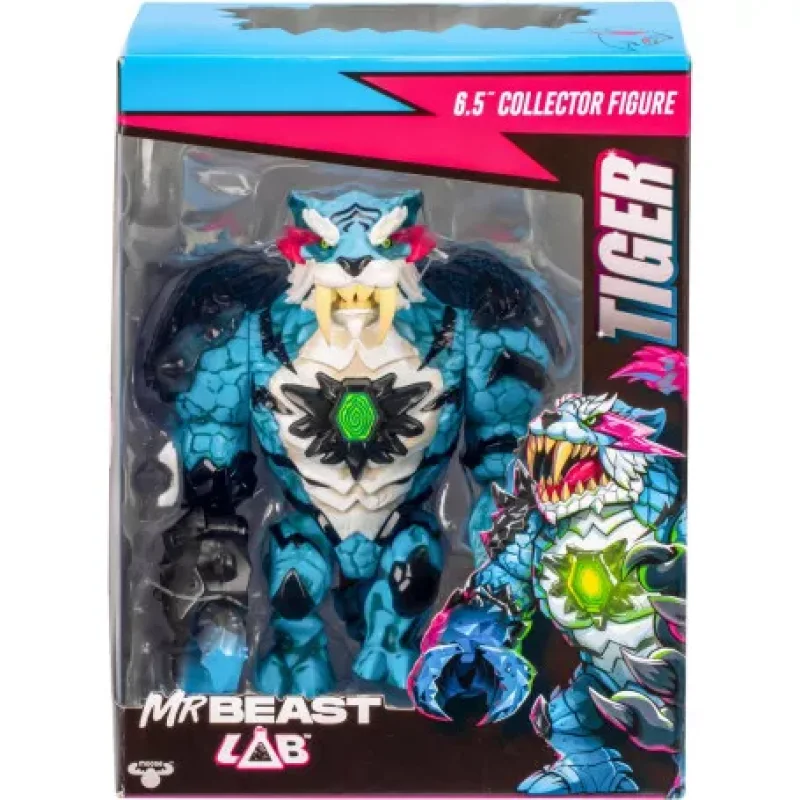 MrBeast Lab Collector Figure Pack featuring a blue and white tiger action figure with articulated limbs and a green chest emblem, packaged in a display box.