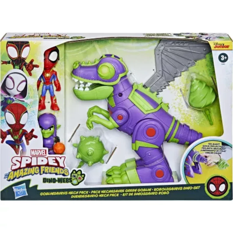 Marvel Spidey and His Amazing Friends Goblinsaurus Mech Pack featuring a purple and green dinosaur mech suit with Spidey and Green Goblin action figures.