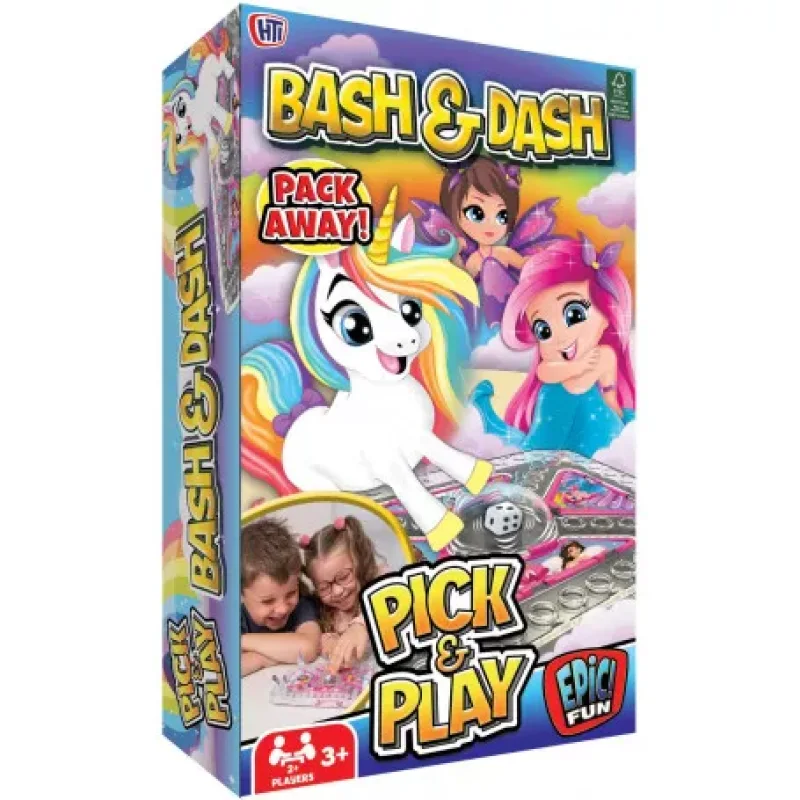 Box art for the Bash & Dash - Magical Pick & Play board game, featuring a unicorn, fairies, and children playing.