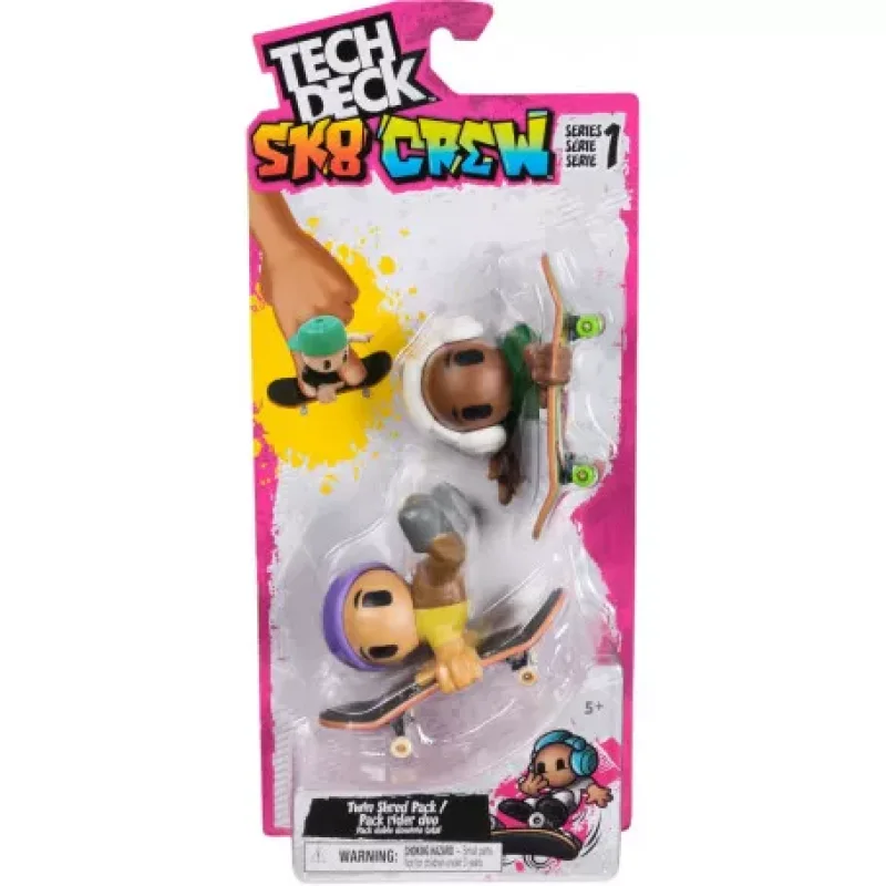 Tech Deck Sk8 Crew multipack featuring three mini skateboards with figures and accessories on a pink and white card backing.