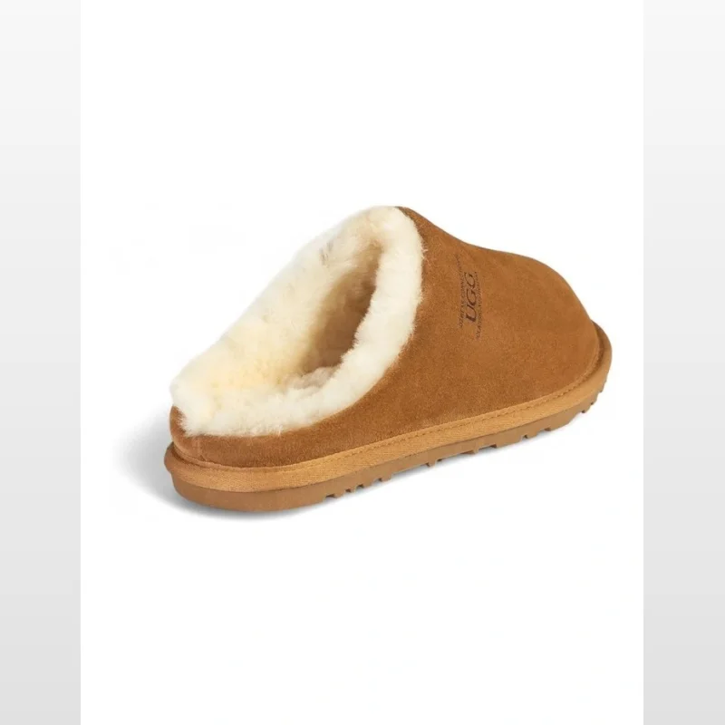 A chestnut brown suede unisex slipper with a fluffy cream sheepskin lining and a tan EVA sole, presented on a white background.